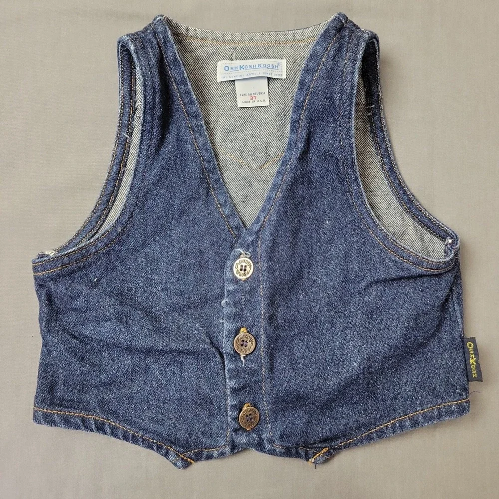 Vintage OshKosh Bgosh Denim Vest 3T Made in USA Dark Wash Western Blue